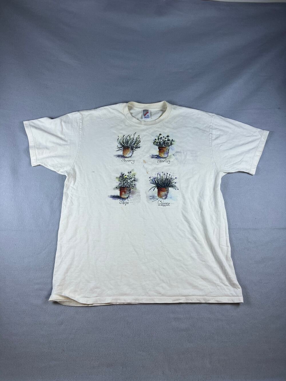Vintage Jerzees T-Shirt Mens XL Cream Potted Herbs Plant Botanical Graphics Tee